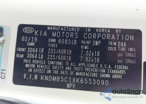 2019 Kia Sedona Ex z USA, uszkodzony, nr VIN KNDMB5C1XK6553090